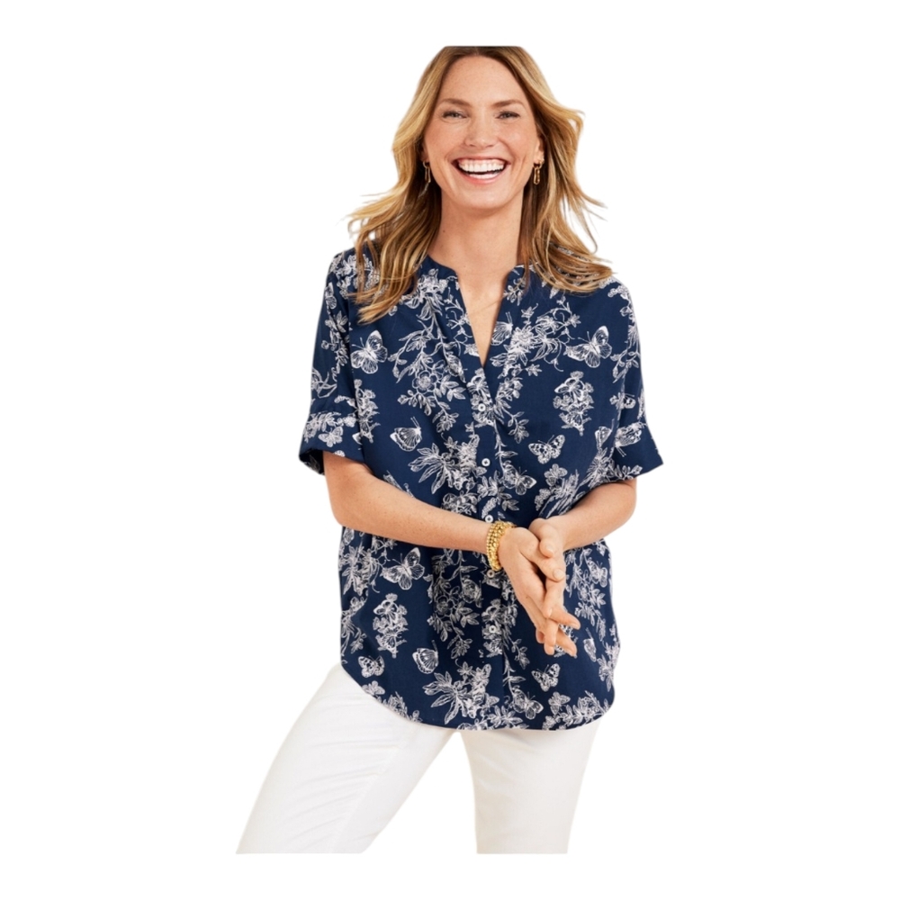 Talbots Navy and White Floral Short-Sleeve Oversized Button-Down Poplin Shirt